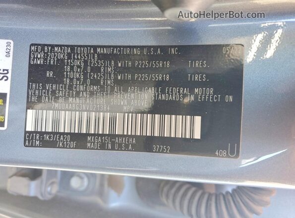 7MUDAABG3NV021384 2022 TOYOTA COROLLA Blue Widok naklejki z numerem VIN