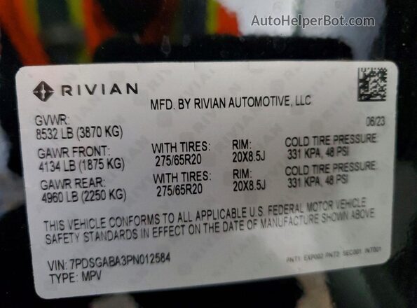 7PDSGABA3PN012584 2023 RIVIAN R1S Black VIN კოდის სტიკერის ხედი