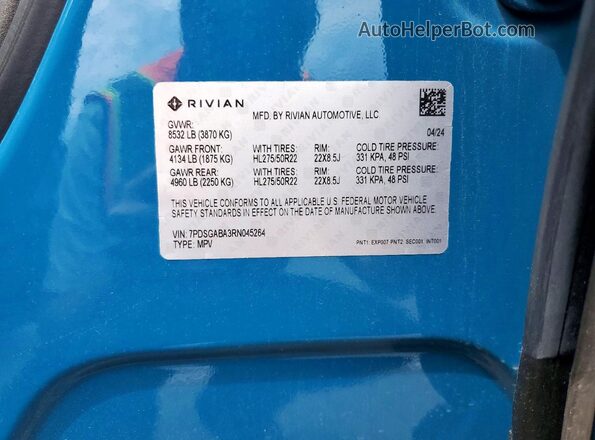 7PDSGABA3RN045264 2024 RIVIAN R1S Синий Вид наклейки с VIN-кодом