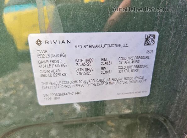 7PDSGABA4PN017440 2023 RIVIAN R1S Green VIN sticker view