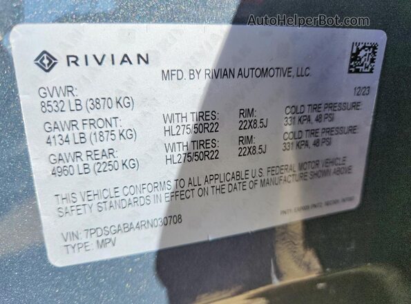 7PDSGABA4RN030708 2024 RIVIAN R1S Gray VIN კოდის სტიკერის ხედი