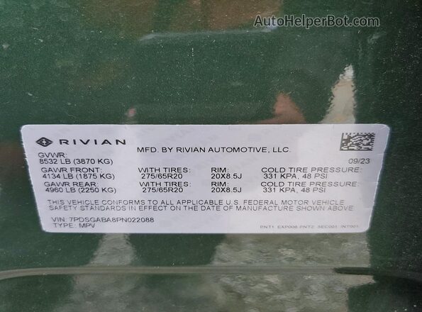 7PDSGABA8PN022088 2023 RIVIAN R1S Green VIN sticker view