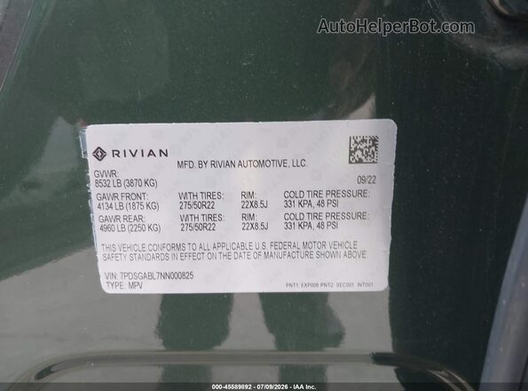7PDSGABL7NN000825 2022 RIVIAN R1S Зеленый Вид подкапотного пространства