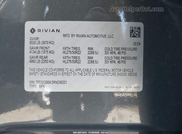 7PDSGBBA3RN036201 2024 RIVIAN R1S Gray Engine compartment view