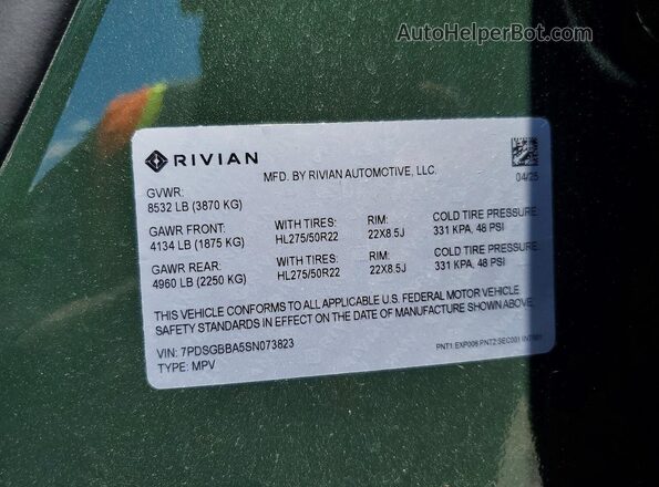 7PDSGBBA5SN073823 2025 RIVIAN R1S Green Вид наклейки з VIN-кодом