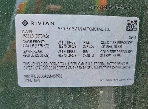 7PDSGBBA6SN057582 2025 RIVIAN R1S Green VIN კოდის სტიკერის ხედი