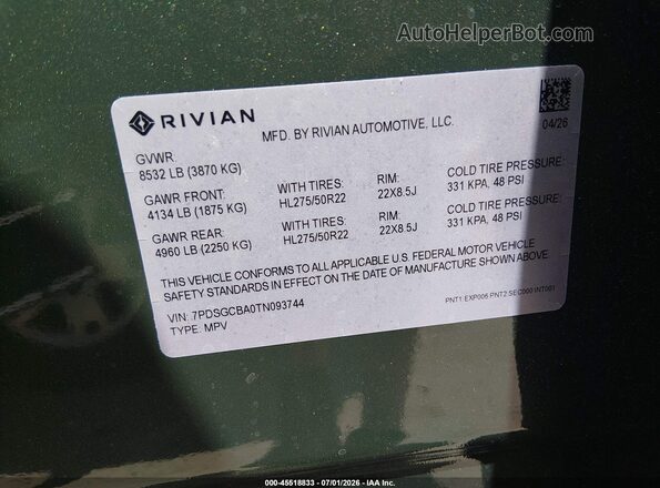 7PDSGCBA0TN093744 2026 RIVIAN R1S Green ძრავის განყოფილების ხედი