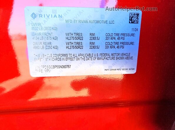 7PDSGCBP5SN060757 2025 RIVIAN R1S Красный Вид наклейки с VIN-кодом