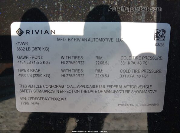 7PDSGFBA3TN092363 2026 RIVIAN R1S Black Engine compartment view