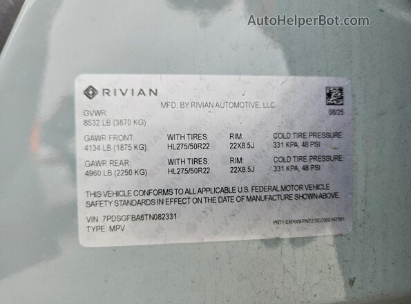 7PDSGFBA6TN082331 2026 RIVIAN R1S Blue VIN sticker view