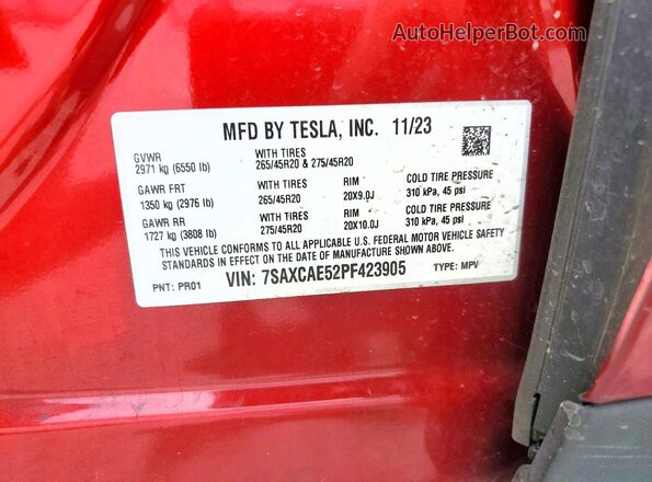 7SAXCAE52PF423905 2023 TESLA MODEL Red Vista interior de 360 grados