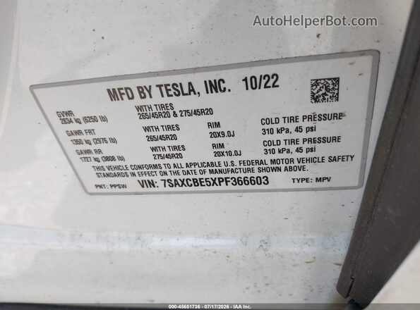 7SAXCBE5XPF366603 2023 TESLA MODEL X Белый Вид подкапотного пространства