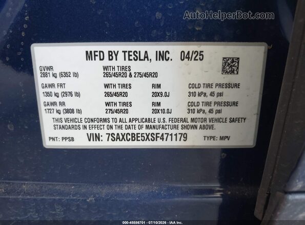 7SAXCBE5XSF471179 2025 TESLA MODEL X Синий Вид подкапотного пространства