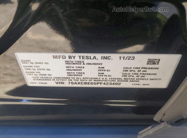 7SAXCBE65PF423492 2023 TESLA MODEL Black Vista interior de 360 grados