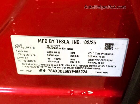 7SAXCBE66SF468224 2025 TESLA MODEL Red Vista interior de 360 grados