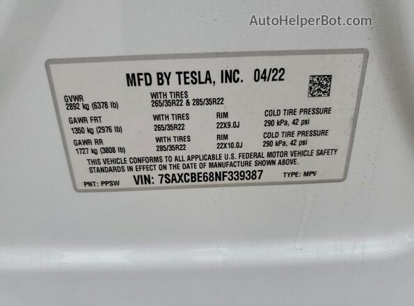 7SAXCBE68NF339387 2022 TESLA MODEL White VIN կոդի պիտակի տեսք