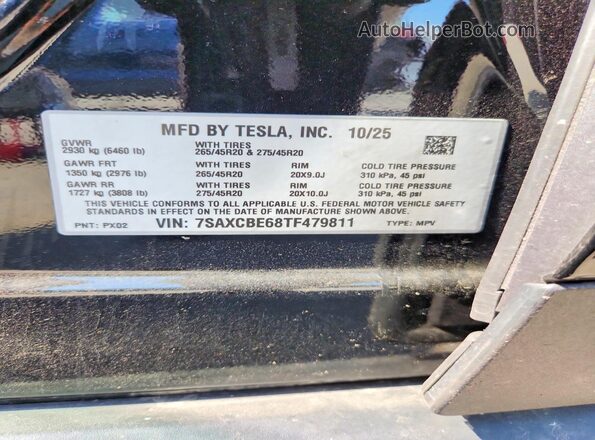 7SAXCBE68TF479811 2026 TESLA MODEL Black Vista de la etiqueta del VIN