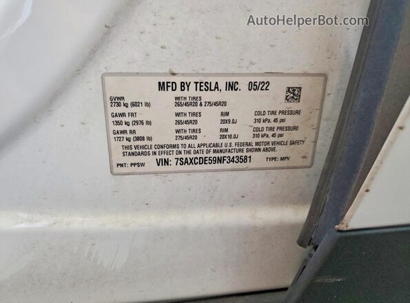 7SAXCDE59NF343581 2022 TESLA MODEL White Widok komory silnika