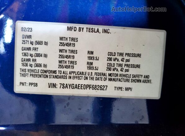 7SAYGAEE0PF682627 2023 TESLA MODEL Blue VIN sticker view