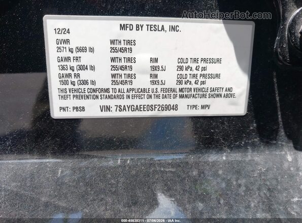 7SAYGAEE0SF269048 2025 TESLA MODEL Y Black Widok komory silnika
