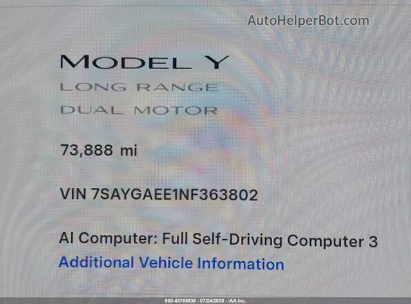 7SAYGAEE1NF363802 2022 TESLA MODEL Y White 