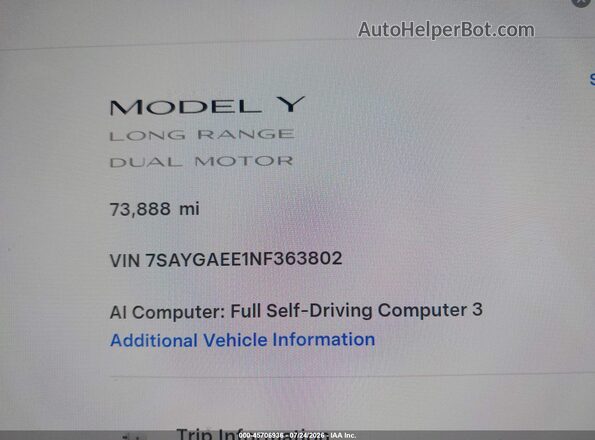 7SAYGAEE1NF363802 2022 TESLA MODEL Y White Հետևի նստատեղերի տեսք