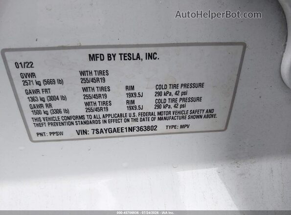 7SAYGAEE1NF363802 2022 TESLA MODEL Y White Շարժիչի բաժամունքի տեսք