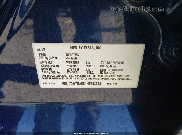 7SAYGAEE1NF382298 2022 TESLA MODEL Y Blue Vista del compartimento del motor