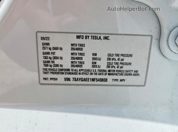 7SAYGAEE1NF549808 2022 TESLA MODEL White Widok wnętrza 360 stopni