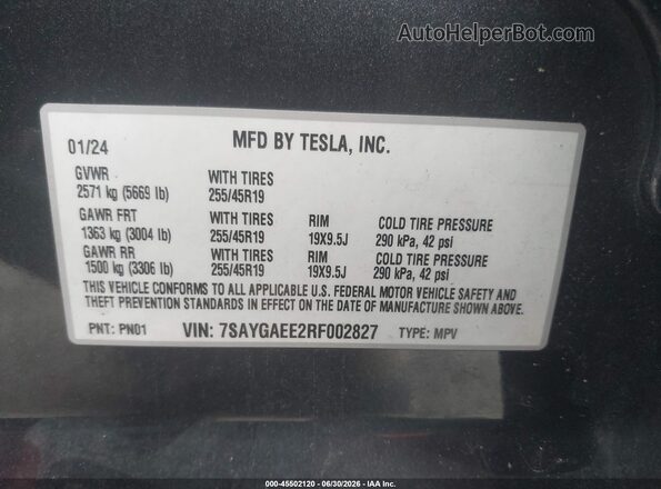 7SAYGAEE2RF002827 2024 TESLA MODEL Y Gray Vista del compartimento del motor