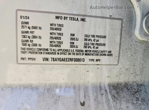 7SAYGAEE2RF008613 2024 TESLA MODEL White VIN კოდის სტიკერის ხედი