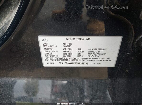 7SAYGAEE3NF338786 2022 TESLA MODEL Y Black Vista del compartimento del motor