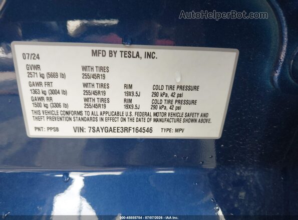 7SAYGAEE3RF164546 2024 TESLA MODEL Y Blue Вид підкапотного простору