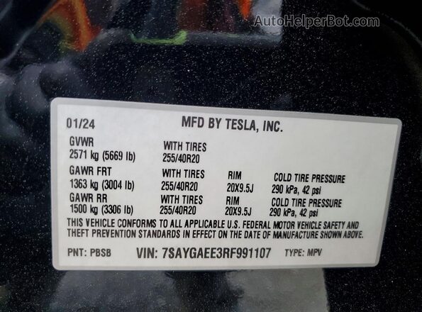 7SAYGAEE3RF991107 2024 TESLA MODEL Black VIN sticker view