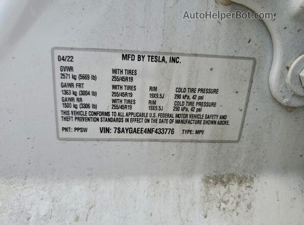 7SAYGAEE4NF433776 2022 TESLA MODEL Белый Вид наклейки с VIN-кодом