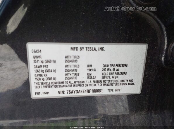 7SAYGAEE4RF108681 2024 TESLA MODEL Y Gray Widok komory silnika