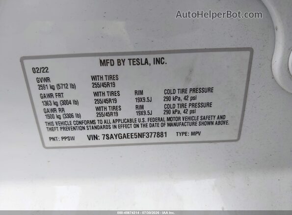 7SAYGAEE5NF377881 2022 TESLA MODEL Y White ძრავის განყოფილების ხედი