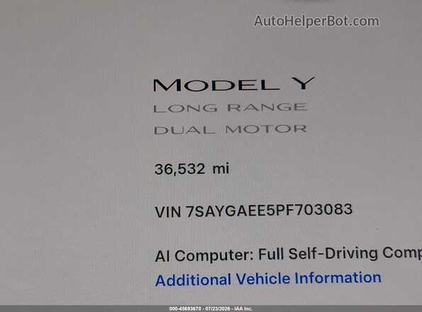 7SAYGAEE5PF703083 2023 TESLA MODEL Y White 