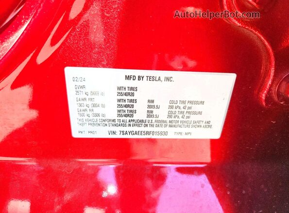 7SAYGAEE5RF015930 2024 TESLA MODEL Red VIN კოდის სტიკერის ხედი