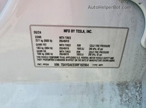 7SAYGAEE5RF182904 2024 TESLA MODEL White VIN კოდის სტიკერის ხედი