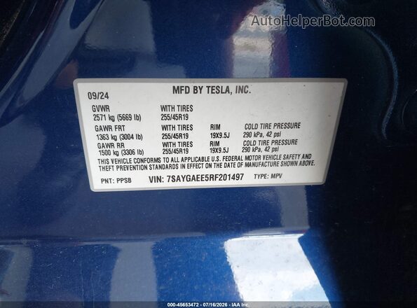 7SAYGAEE5RF201497 2024 TESLA MODEL Y Синий Вид подкапотного пространства