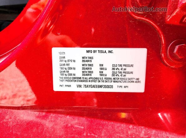 7SAYGAEE6NF350835 2022 TESLA MODEL Red Вид наклейки з VIN-кодом