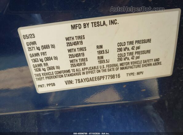 7SAYGAEE6PF779816 2023 TESLA MODEL Y Blue Engine compartment view
