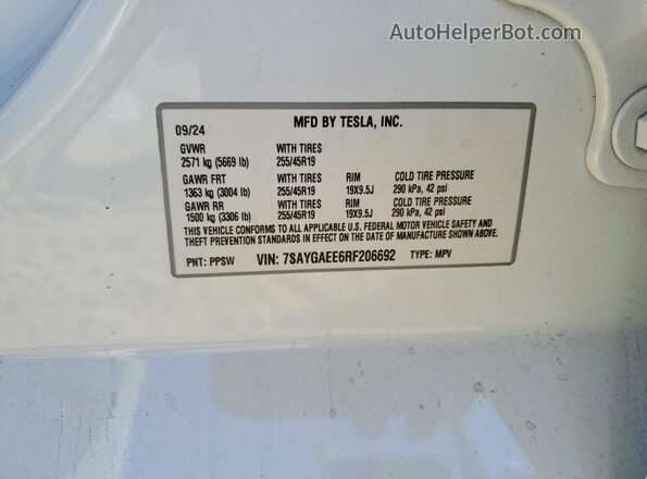 7SAYGAEE6RF206692 2024 TESLA MODEL White Engine compartment view