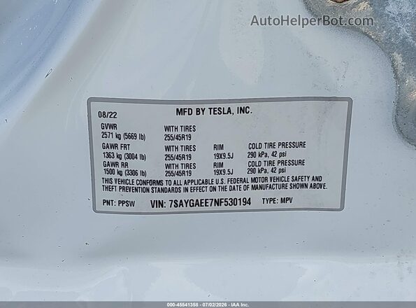 7SAYGAEE7NF530194 2022 TESLA MODEL Y White Engine compartment view
