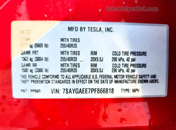 7SAYGAEE7PF866818 2023 TESLA MODEL Red Вид наклейки з VIN-кодом