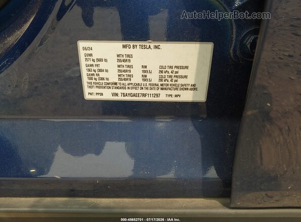 7SAYGAEE7RF111297 2024 TESLA MODEL Y Blue Vista del compartimento del motor