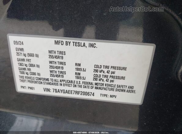 7SAYGAEE7RF200674 2024 TESLA MODEL Y Gray Vista de la etiqueta del VIN