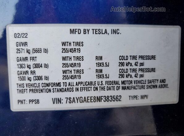 7SAYGAEE8NF383562 2022 TESLA MODEL Blue Vista de la etiqueta del VIN