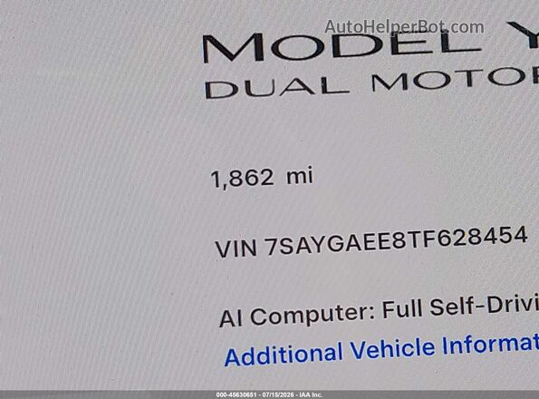 7SAYGAEE8TF628454 2026 TESLA MODEL Y Синий Вид задних сидений